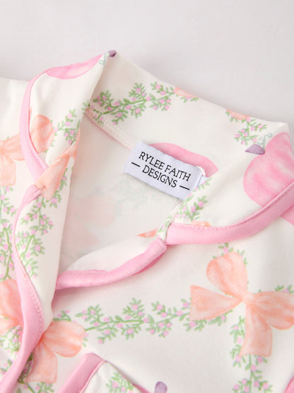 Mommy and Me Pajamas | Pumpkin Floral Shorts: Collar and brand label detail