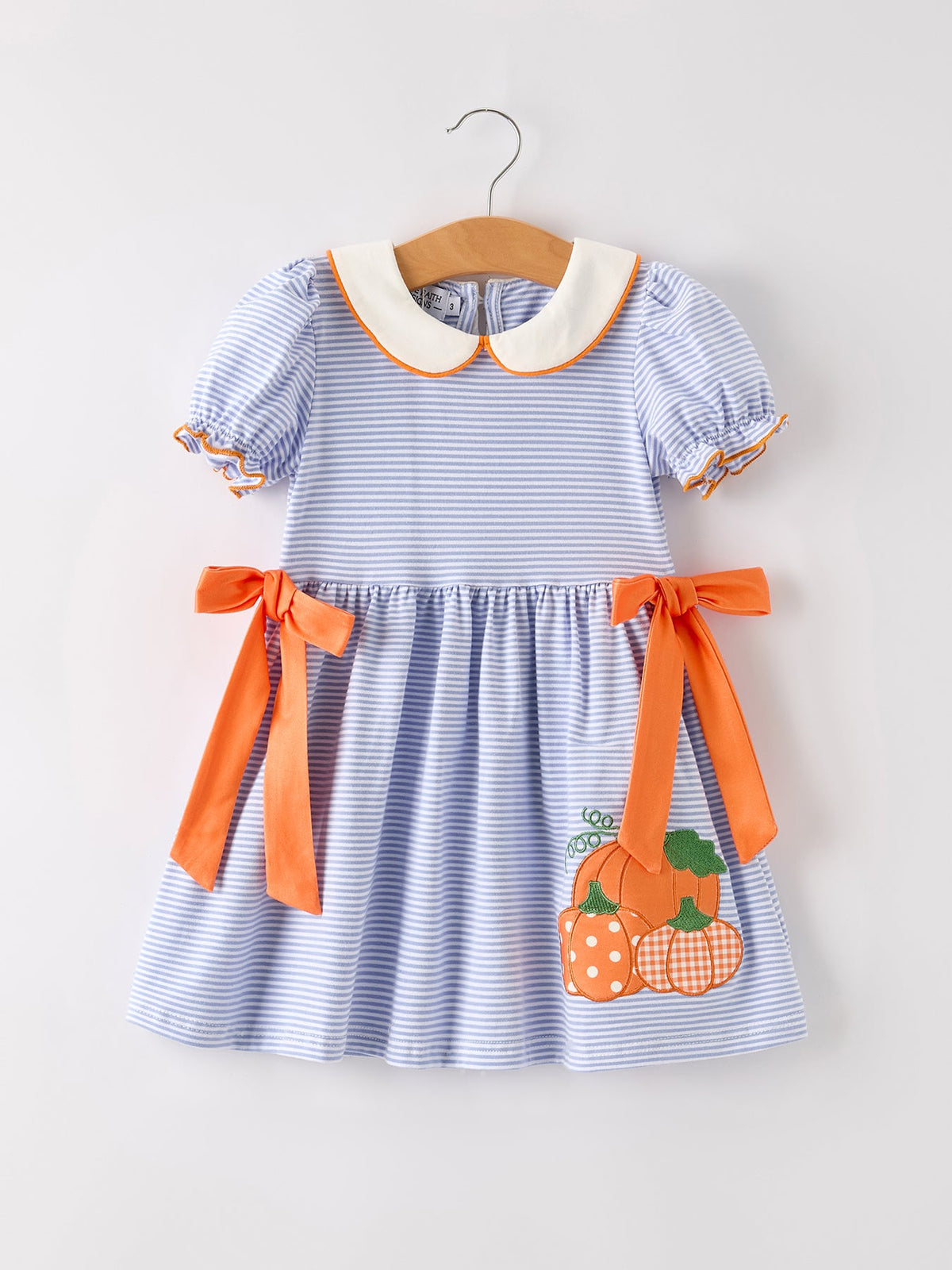 Girls Fall Dress | Stripe Pumpkin Applique Bow: Front of striped dress with orange bows and pumpkin applique