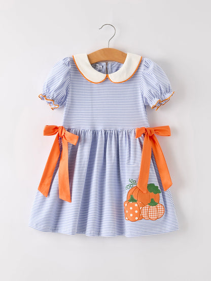 Girls Fall Dress | Stripe Pumpkin Applique Bow: Front of striped dress with orange bows and pumpkin applique