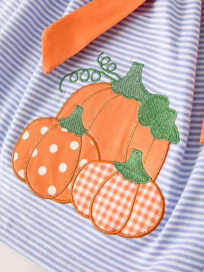 Girls Fall Dress | Stripe Pumpkin Applique Bow: Pumpkin applique and orange waist bow