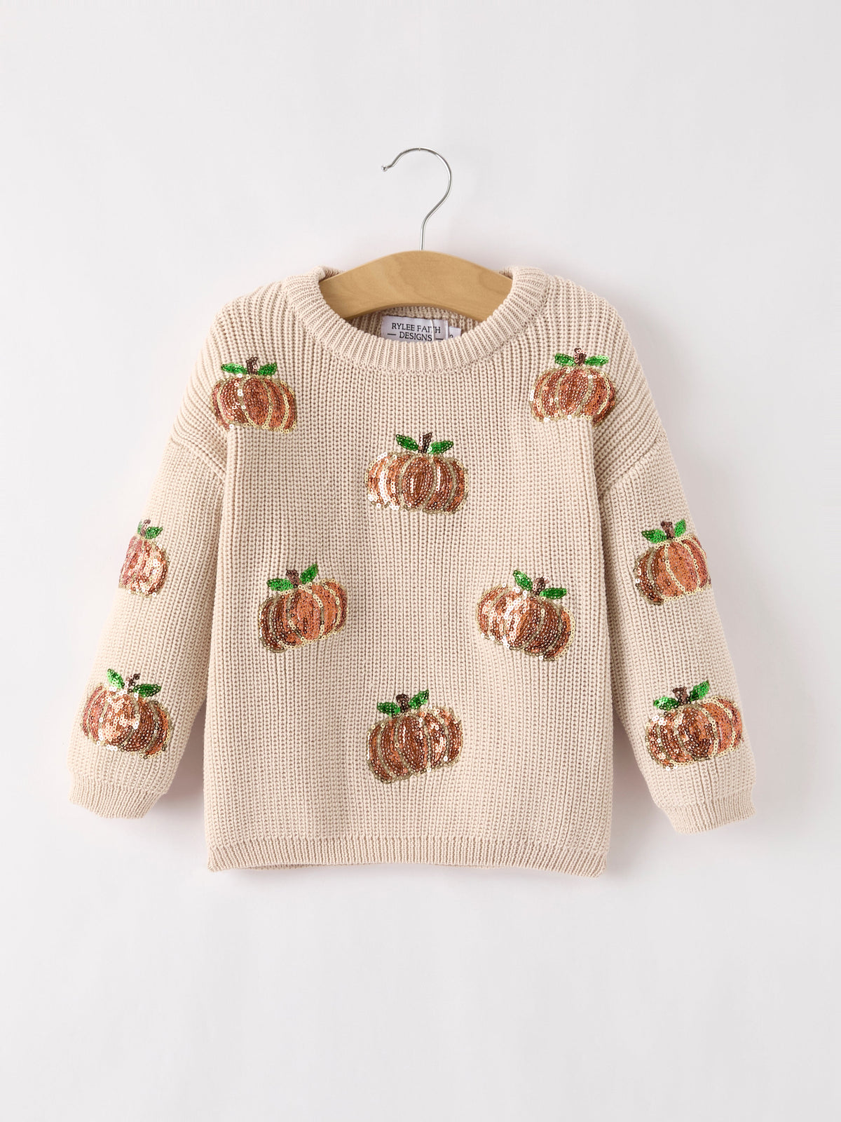 Girls Fall Sweater | Beige Sequin Pumpkins: Front on hanger