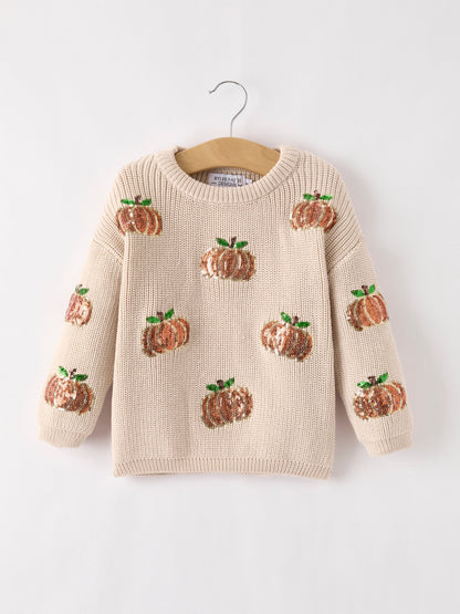 Girls Fall Sweater | Beige Sequin Pumpkins: Front on hanger