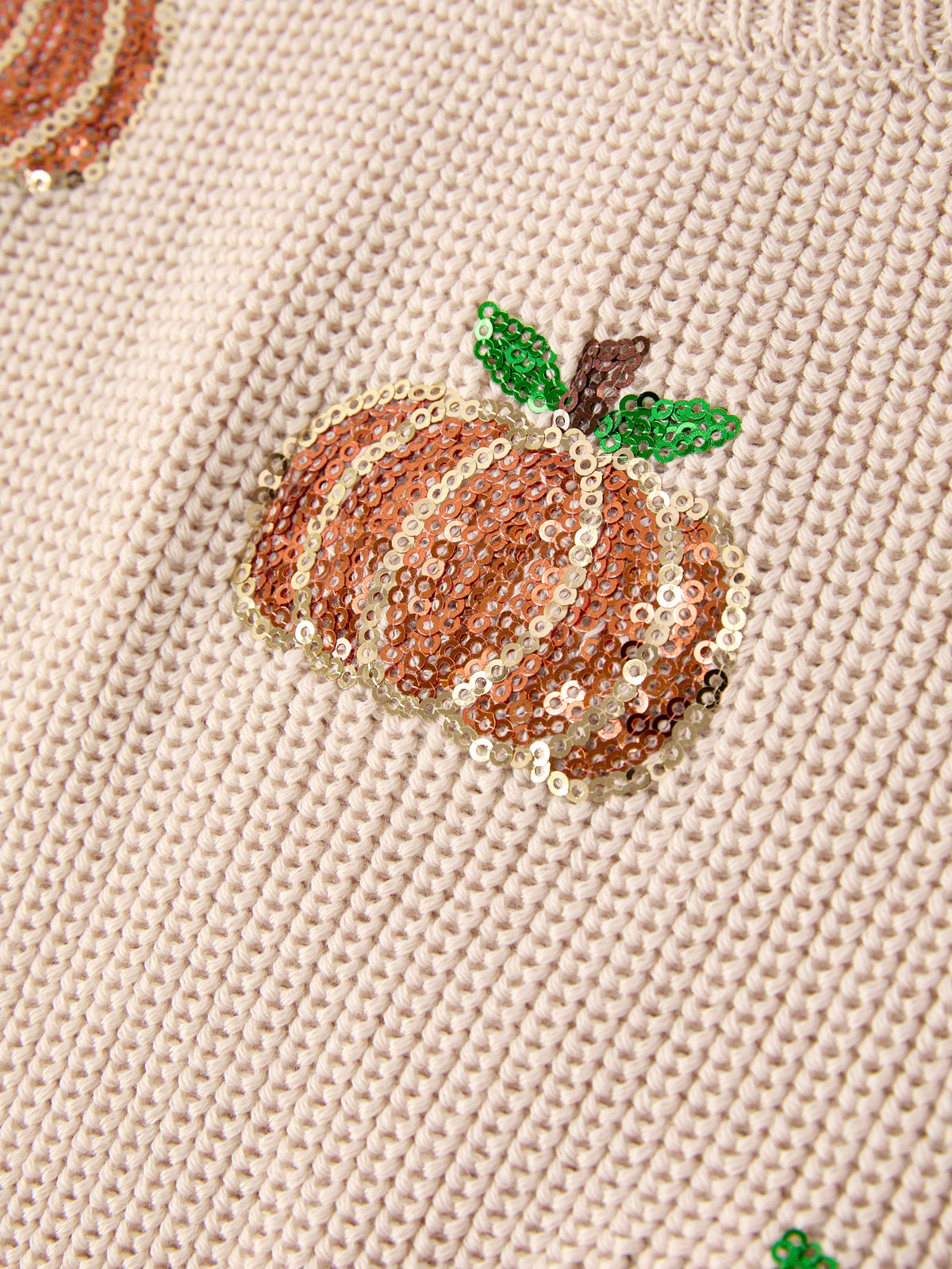 Girls Fall Sweater | Beige Sequin Pumpkins: Sequin pumpkin close-up