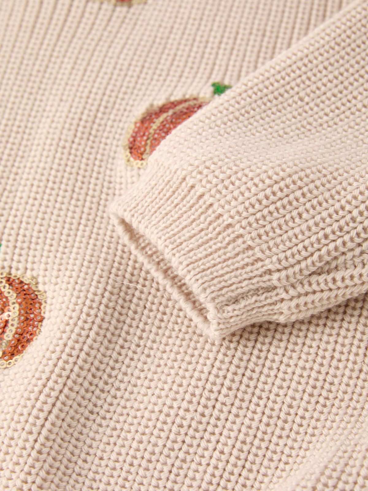 Girls Fall Sweater | Beige Sequin Pumpkins: Ribbed long-sleeve cuff