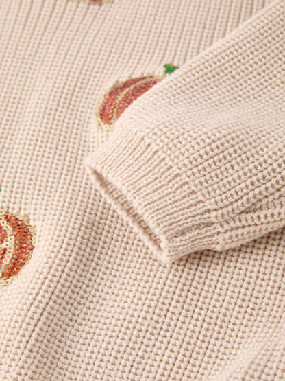 Girls Fall Sweater | Beige Sequin Pumpkins: Ribbed long-sleeve cuff