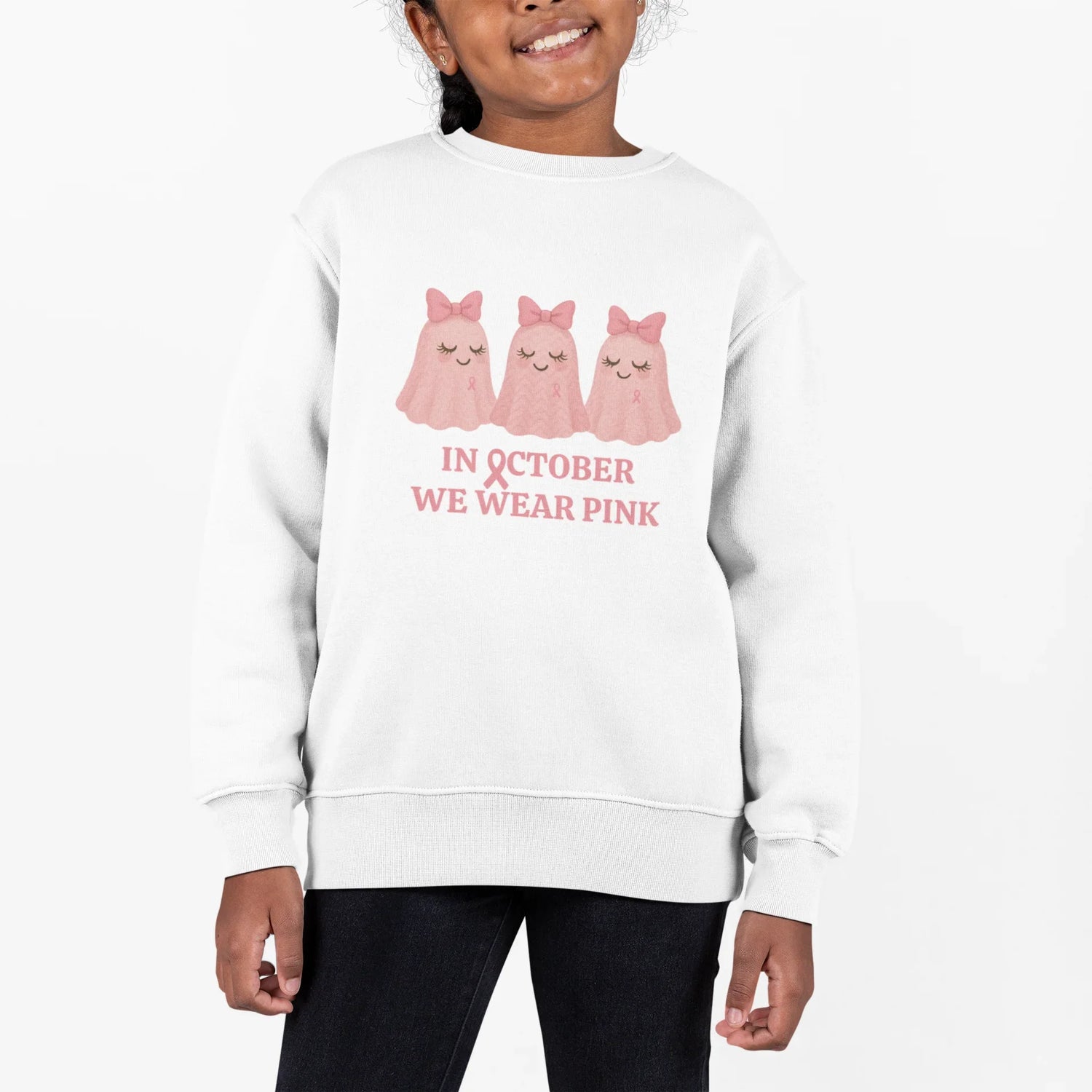 In October We Wear Pink: Cute Ghost Youth Crewneck - Whippie's