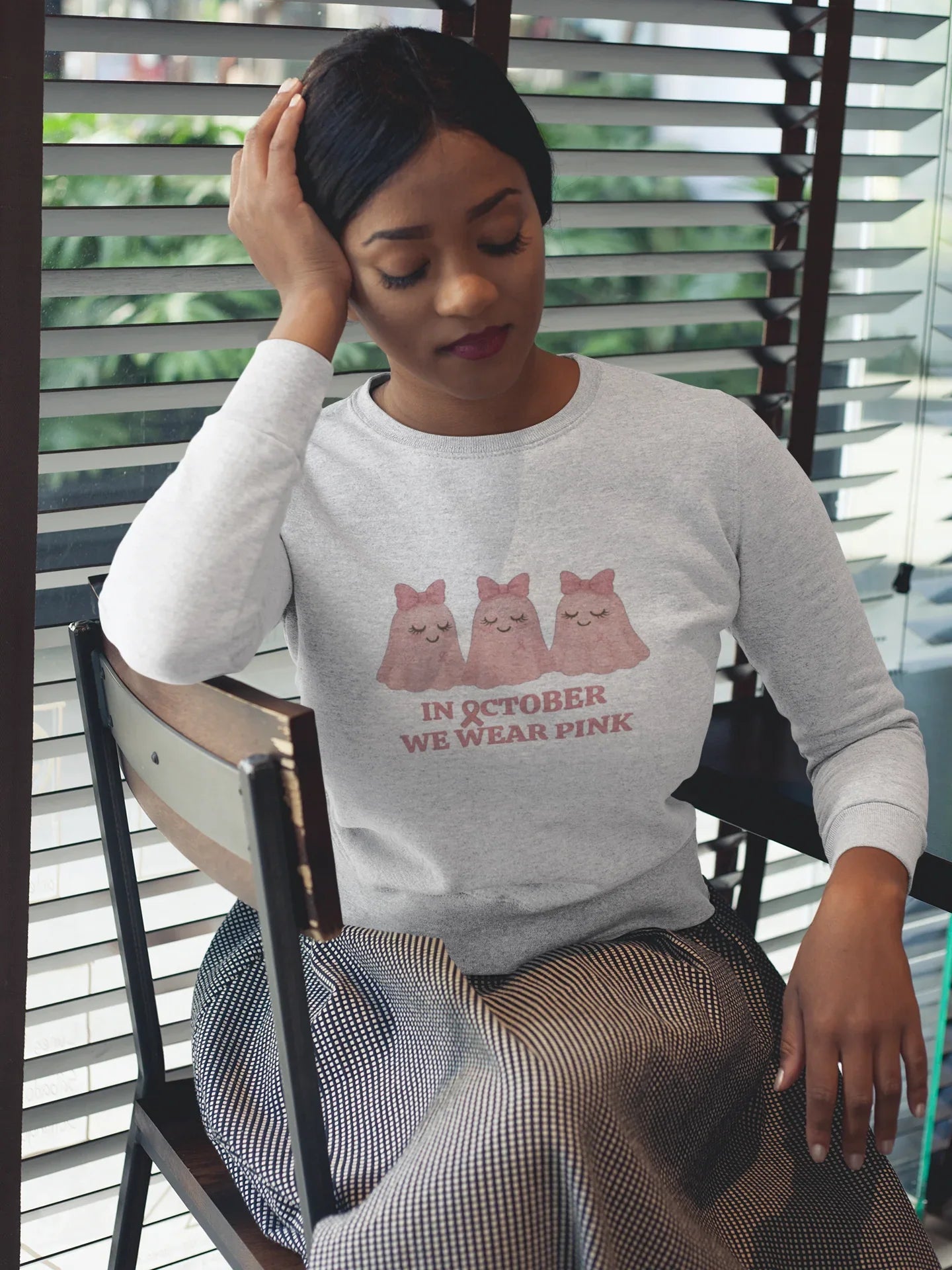 In October We Wear Pink: Cute Ghost Unisex Crewneck Sweatshirt - Whippie's