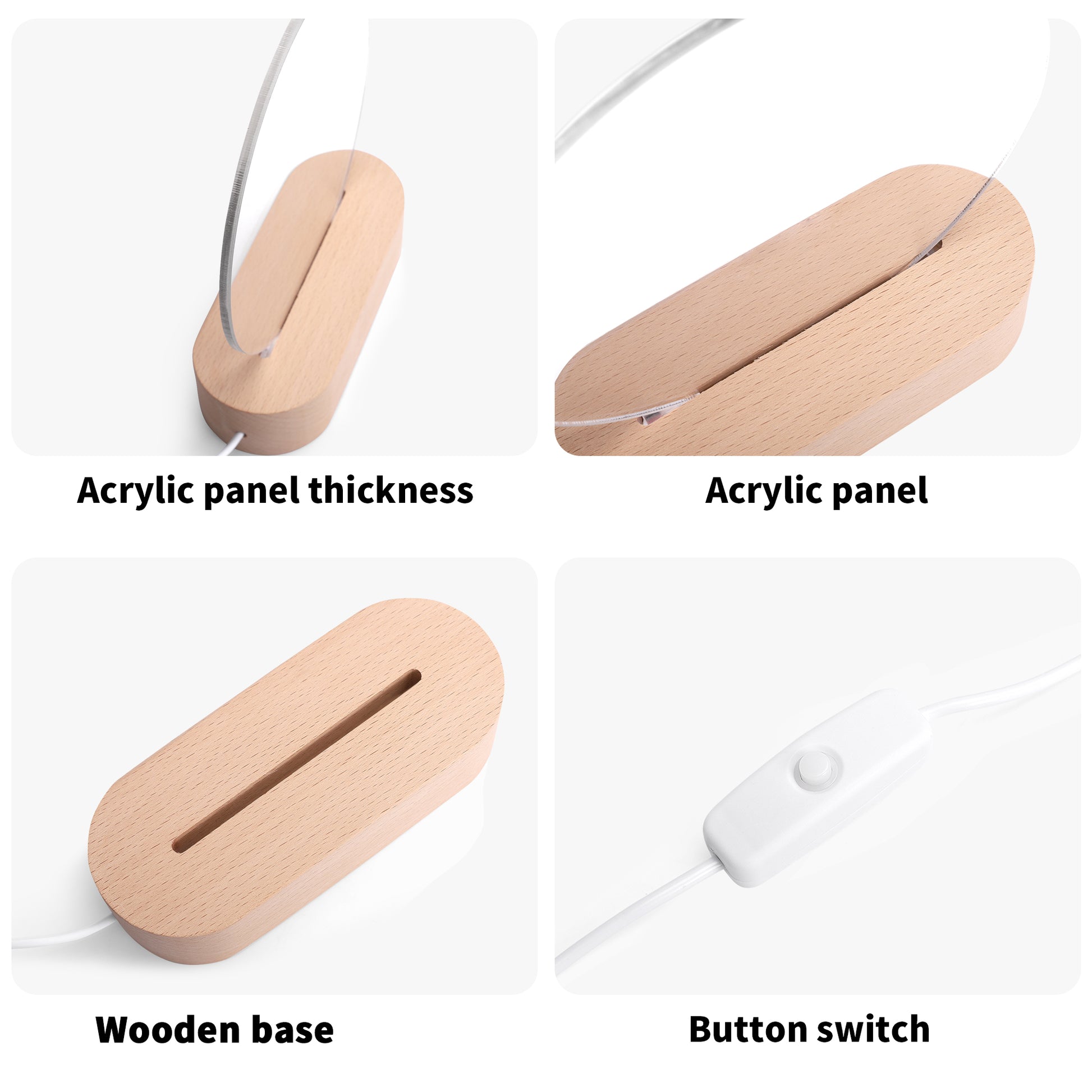 Acrylic panel light parts: clear acrylic panel, wooden base, and white button switch from Whippie's.