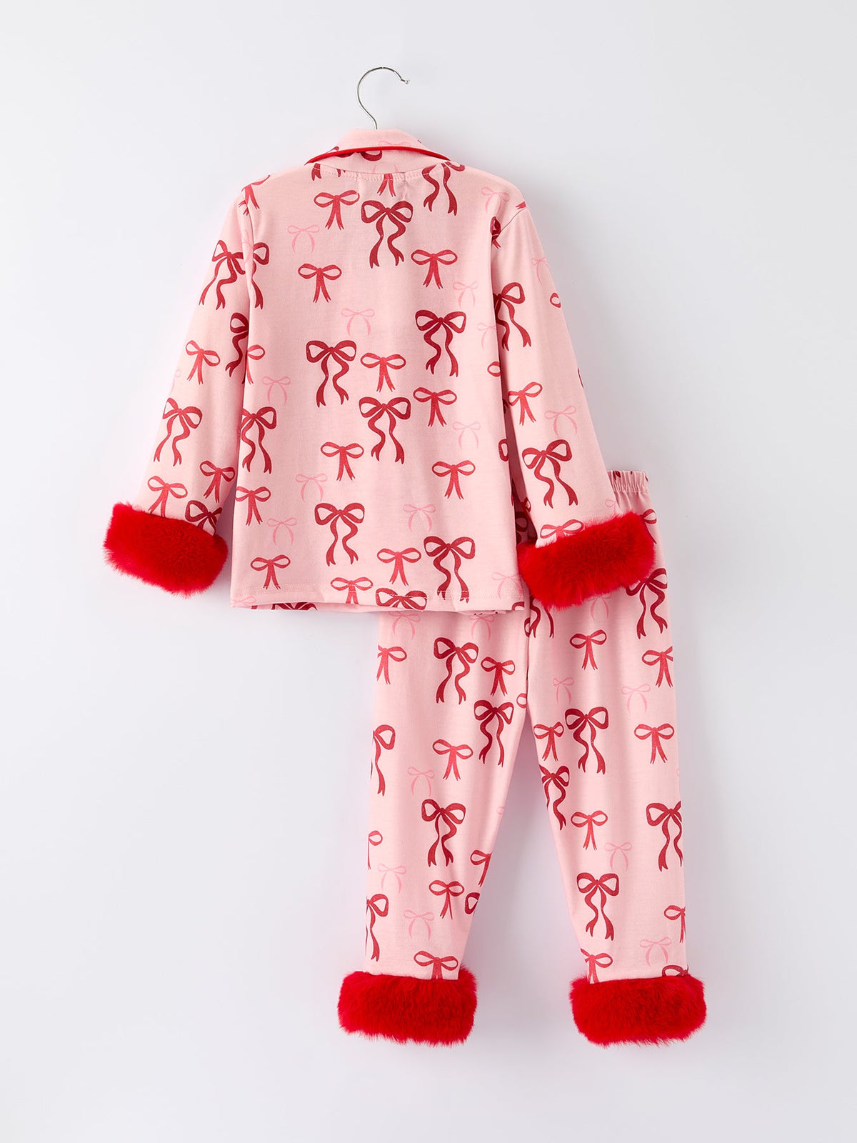Girls Christmas Pajamas | Pink Bow Furry Trim: Back on hanger