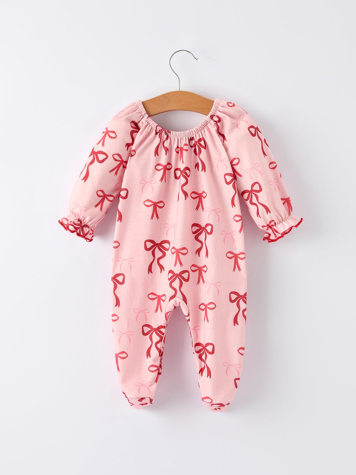 Baby Girl Romper | Pink Christmas Bow Print: Back on hanger
