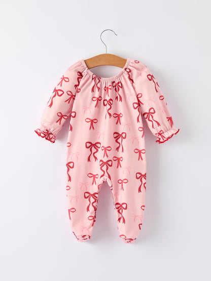 Baby Girl Romper | Pink Christmas Bow Print: Back on hanger