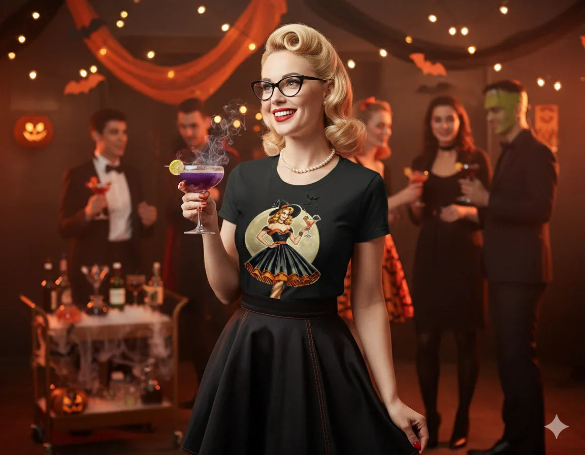 Vintage Pinup Witch Cocktail T-Shirt - Bewitching Retro Style