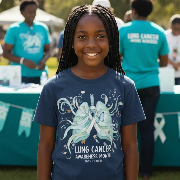 Girl in a lung cancer awareness t-shirt standing in front of a fundraising event with banners and balloons.