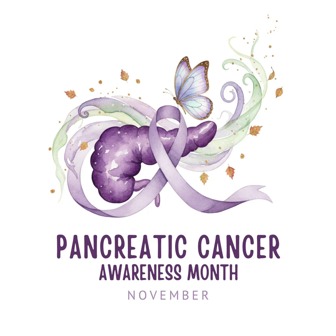 Pancreatic cancer awareness ribbon with a butterfly and text on a white background
