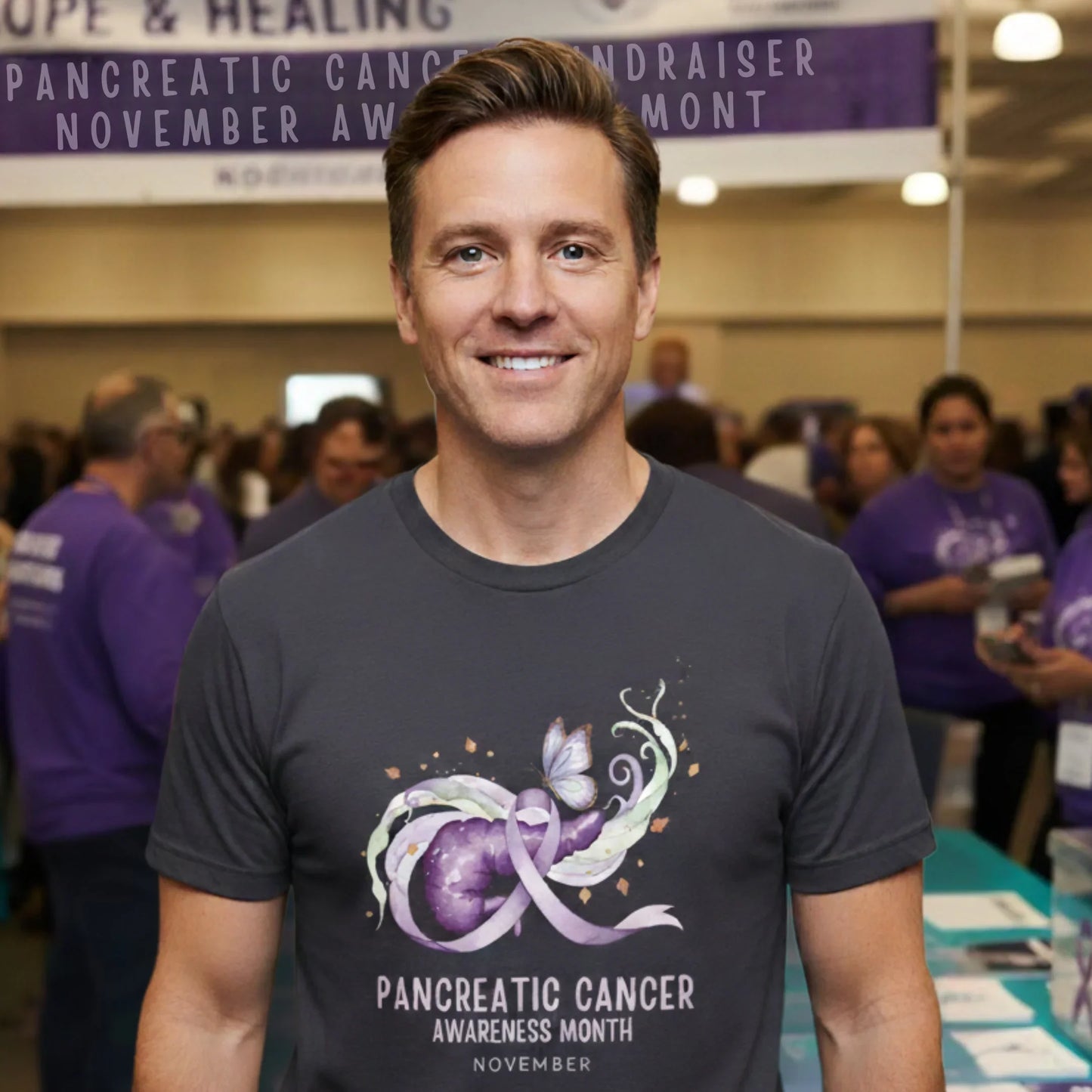Man wearing a t-shirt with pancreatic cancer awareness design at an event.