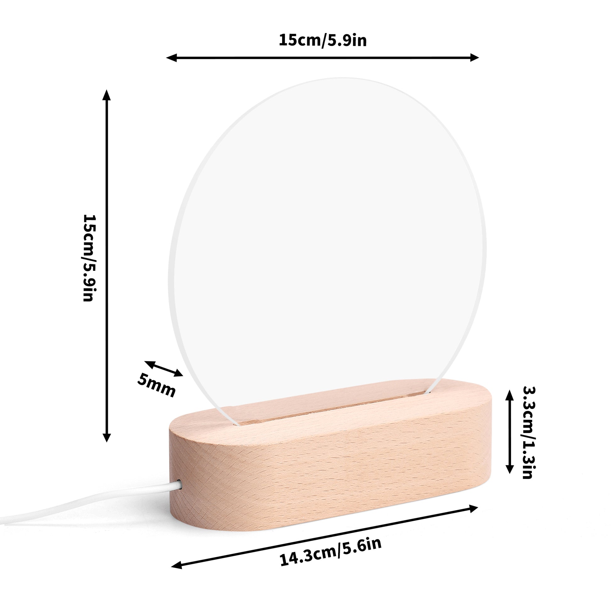 Clear acrylic night light with wooden base, USB cord, and measurement labels, Whippie's home décor.
