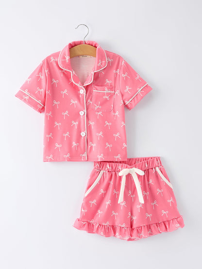 Mommy and Me Pajamas | Pink Bow Ruffle Shorts: Adult top and shorts front