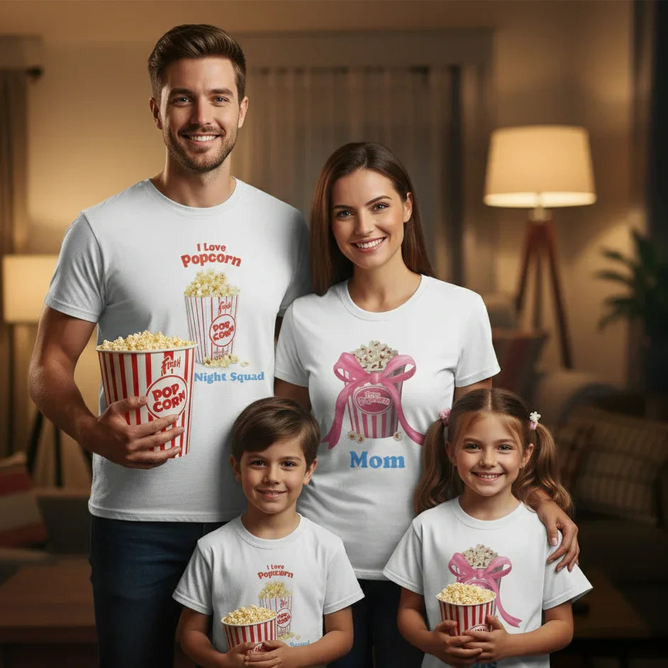 Family of four in matching popcorn-themed t-shirts holding popcorn buckets in cozy living room
