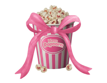 Popcorn bucket with pink and white stripes, pink bow, and text I Love Popcorn