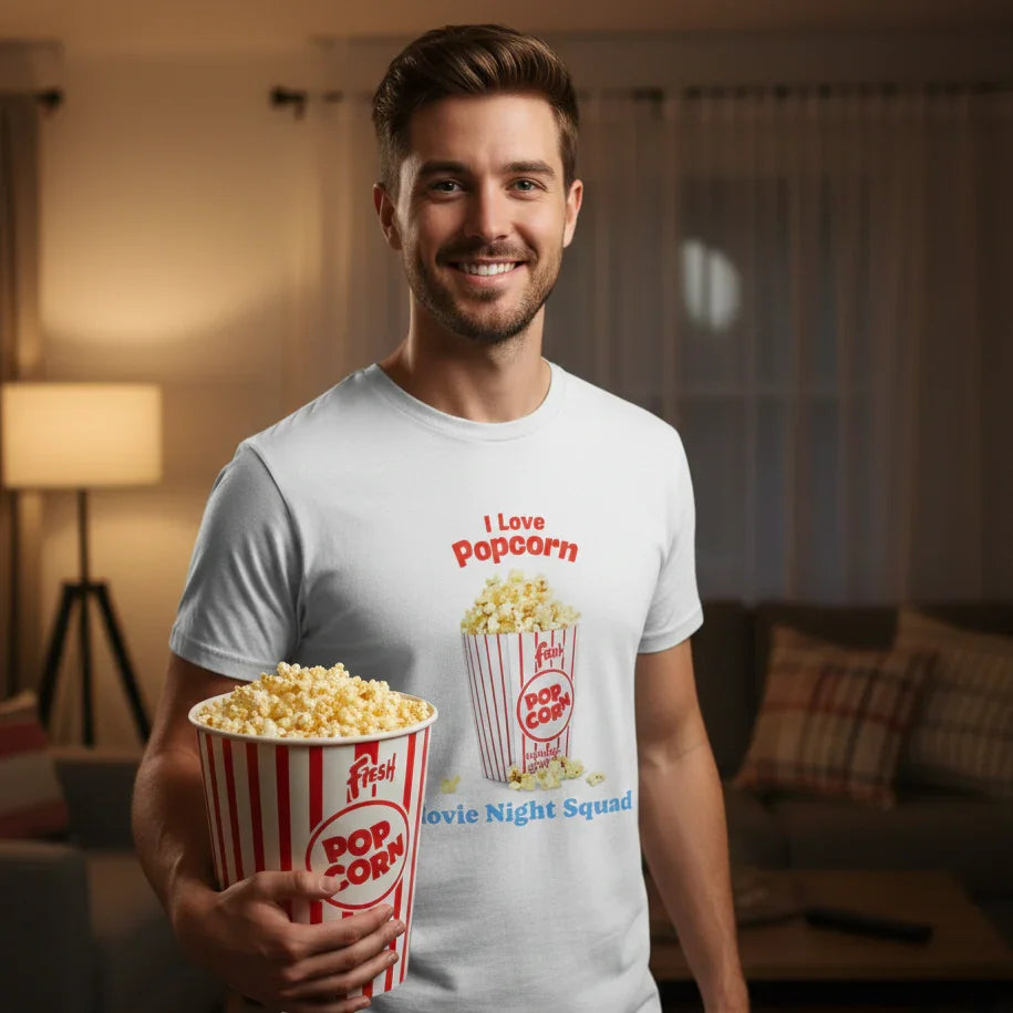 Smiling man indoors holding large popcorn bucket wearing white t-shirt with popcorn graphic and text
