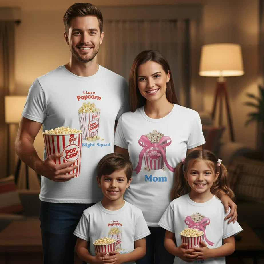 Smiling family of four wearing popcorn-themed matching white T-shirts and holding popcorn buckets indoors