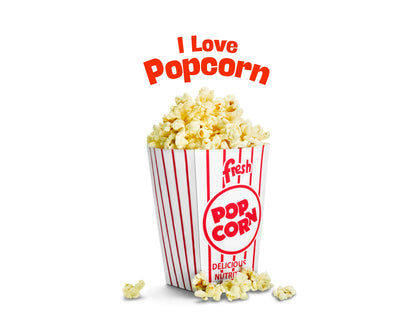 Bucket of fresh popcorn with red stripes and text I Love Popcorn on white background