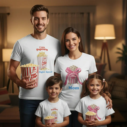 Smiling family of four in cozy living room wearing themed popcorn t-shirts and holding popcorn buckets
