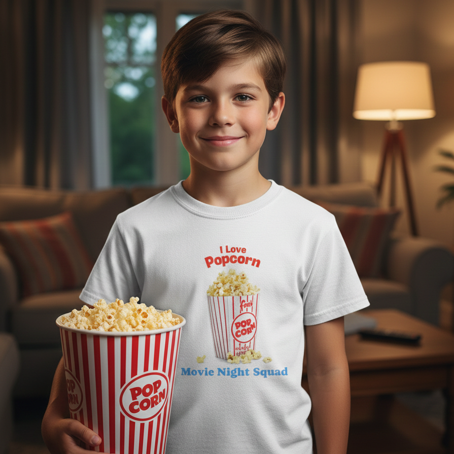 Smiling boy holding large striped popcorn bucket wearing white T-shirt with I Love Popcorn Movie Night Squad text