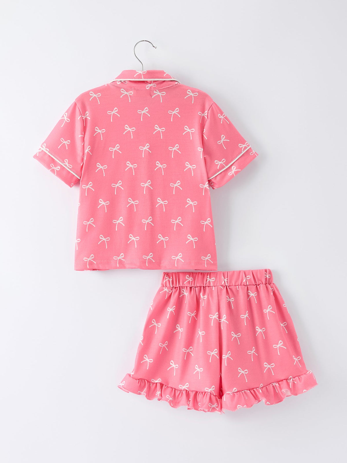 Mommy and Me Pajamas | Pink Bow Ruffle Shorts: Adult top and shorts back