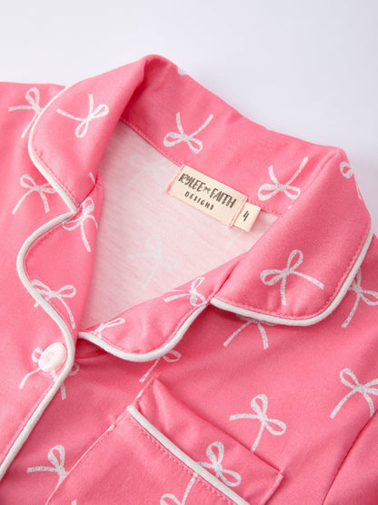 Mommy and Me Pajamas | Pink Bow Ruffle Shorts: Collar and white piping detail