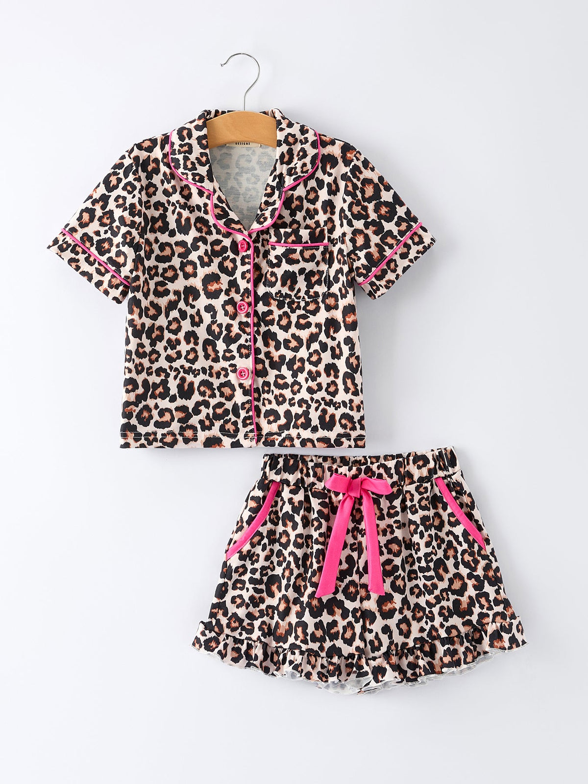 Mommy and Me Pajamas | Leopard Ruffle Shorts: Adult top and shorts front