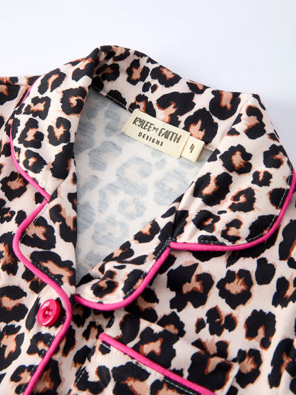 Mommy and Me Pajamas | Leopard Ruffle Shorts: Collar and pink piping detail