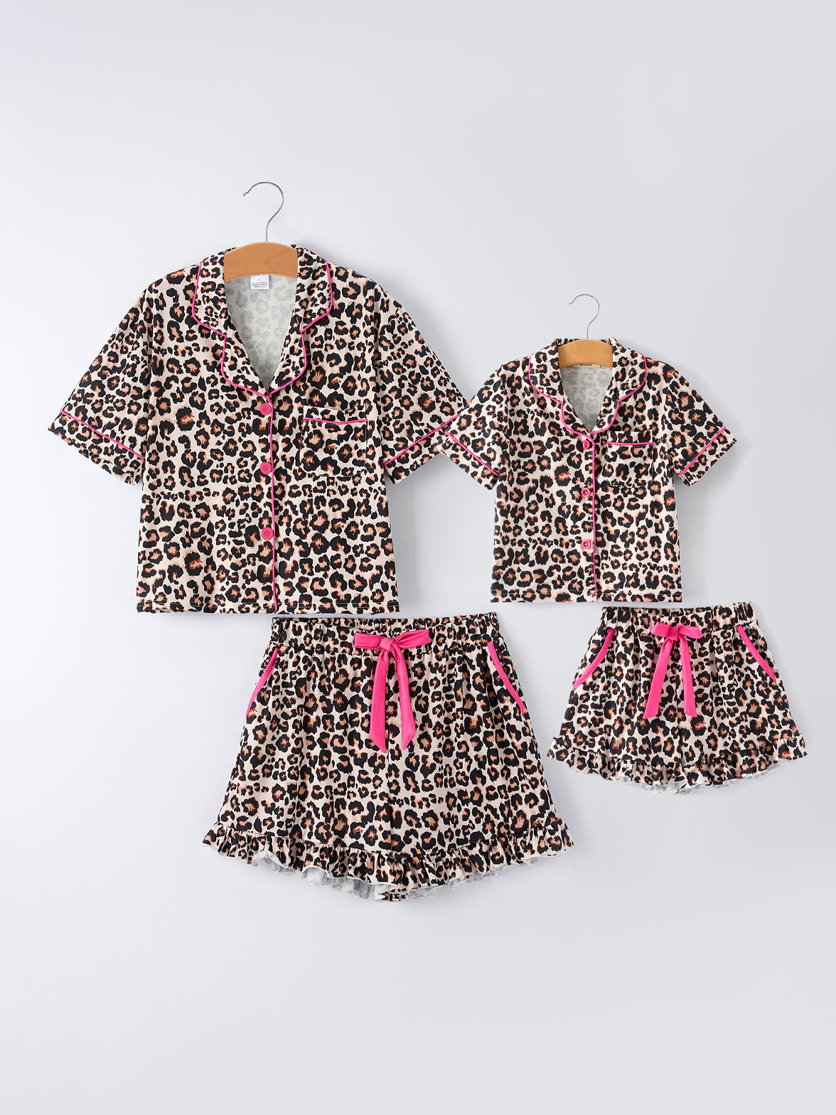 Mommy and Me Pajamas | Leopard Ruffle Shorts: Matching adult and child sets on hangers