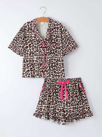 Mommy and Me Pajamas | Leopard Ruffle Shorts: Child top and shorts front