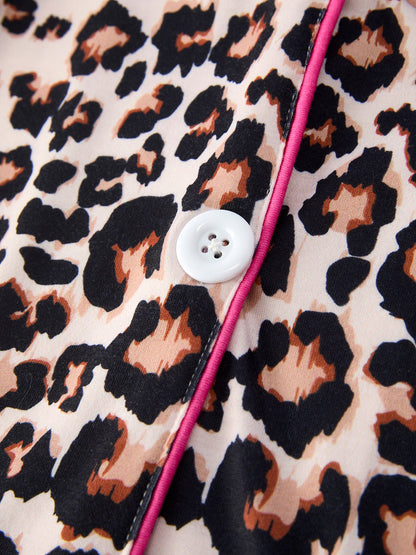 Mommy and Me Pajamas | Leopard Ruffle Shorts: Child collar button and print detail