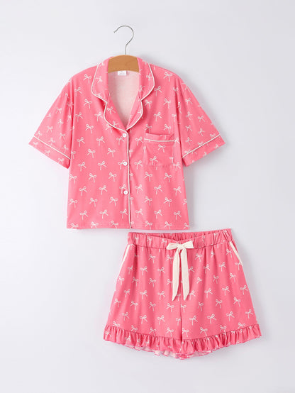 Mommy and Me Pajamas | Pink Bow Ruffle Shorts: Child top and shorts front