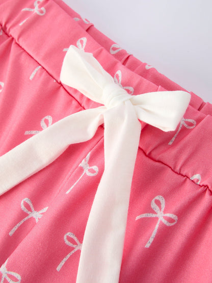 Mommy and Me Pajamas | Pink Bow Ruffle Shorts: White waist bow close-up