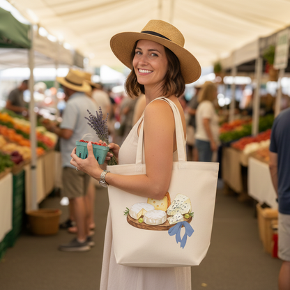 Woman at a farmers market holding a tote bag with a design, surrounded by market stalls and people.