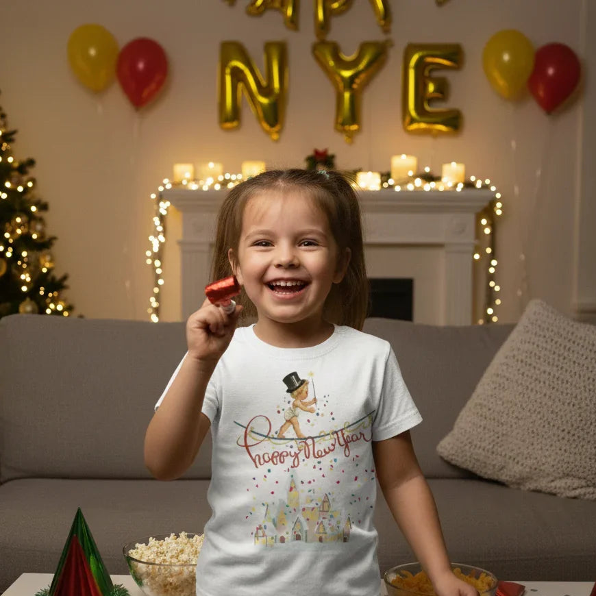 Child celebrating New Year's Eve with festive decorations and balloons.