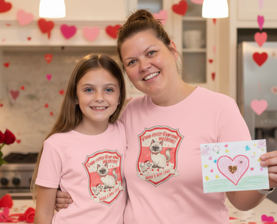 Smiling woman and girl in matching pink Valentine shirts with cat design, holding heart-decorated card in festive kitchen