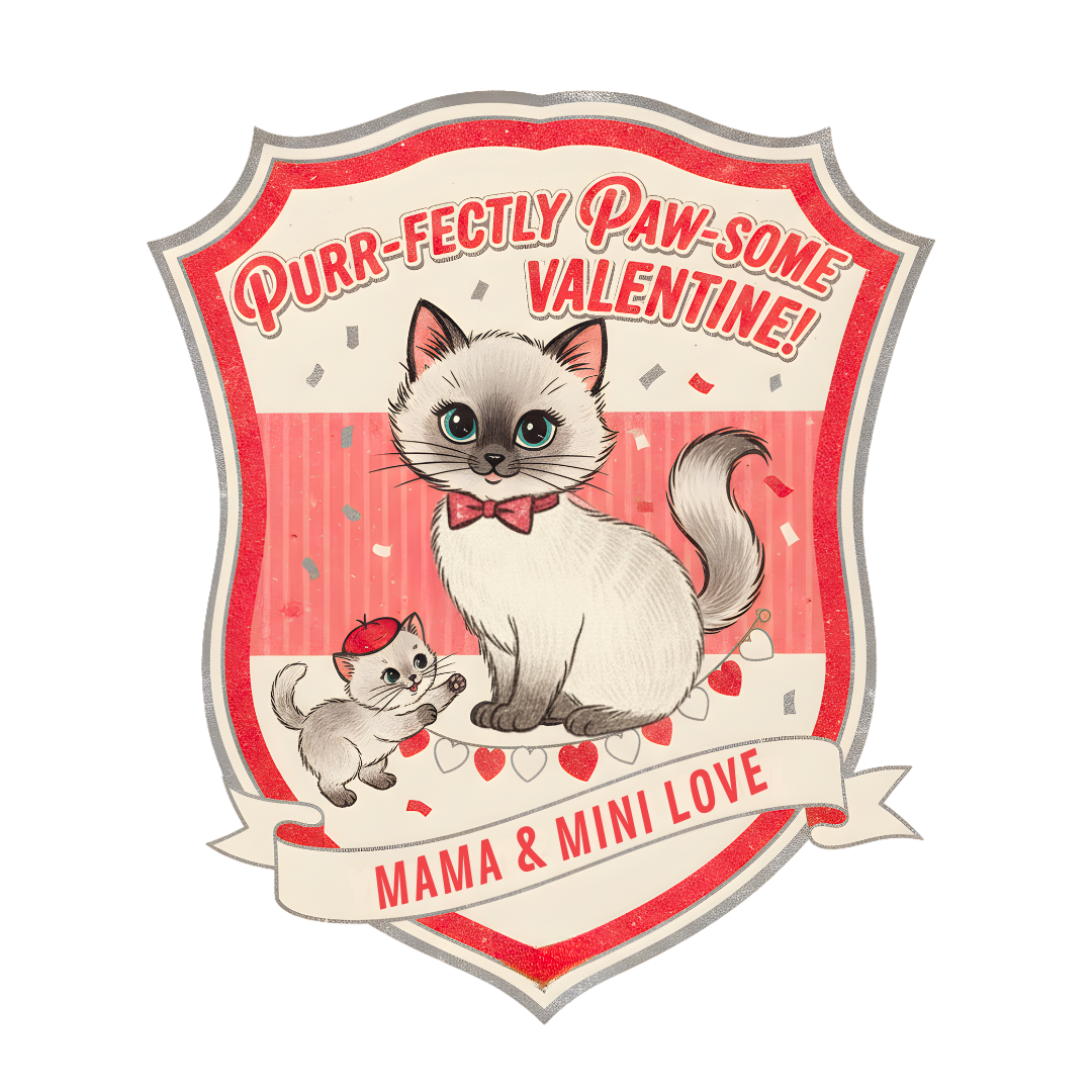 Vintage Valentine illustration with a large cat wearing a bow tie and a small kitten in a red beret, captioned Purrr-fectly Paw-some Valentine and Mama & Mini Love