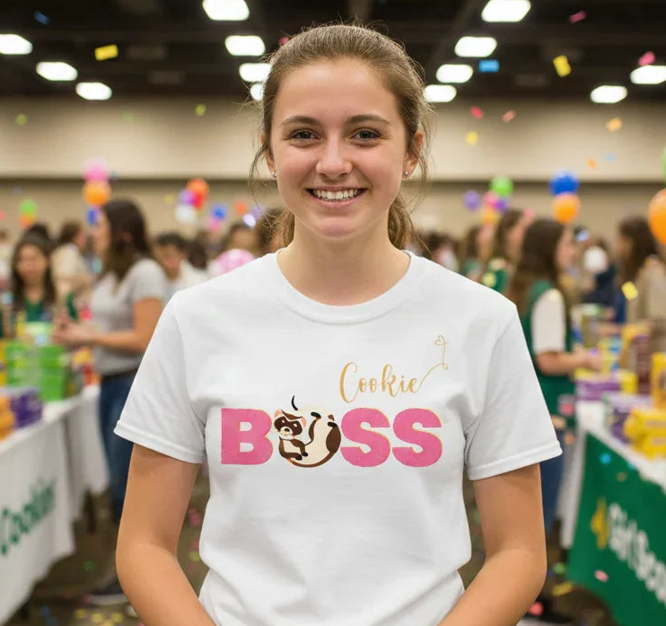 Person wearing a 'Cookie Boss' t-shirt at a Girl Scout cookie event with colorful balloons and tables in the background.