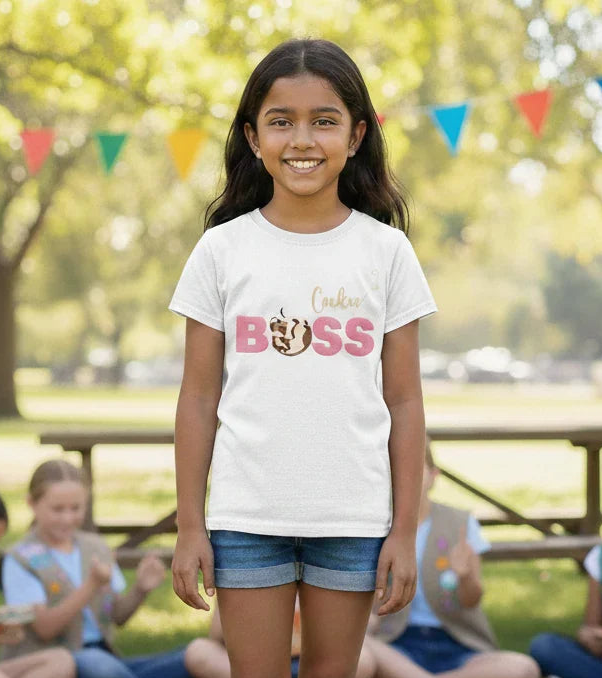 Girl standing in a park with friends in the background, wearing a t-shirt with 'Teacher BOSS' text.