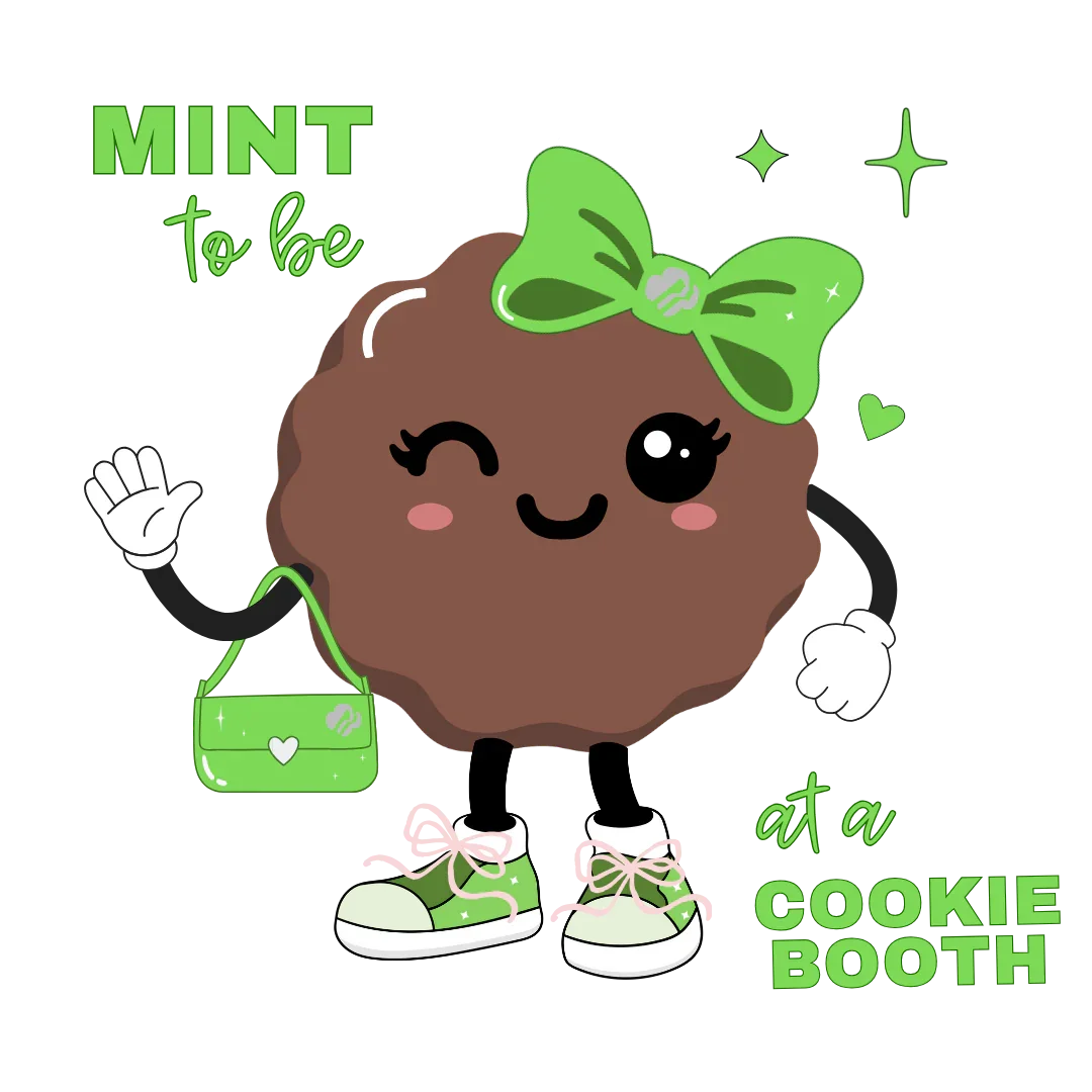 Cartoon chocolate cookie with a green bow and shoes, holding a green bag, on a white background with text.