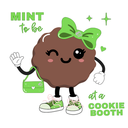 Cartoon chocolate cookie with a green bow and shoes, holding a green bag, on a white background with text.