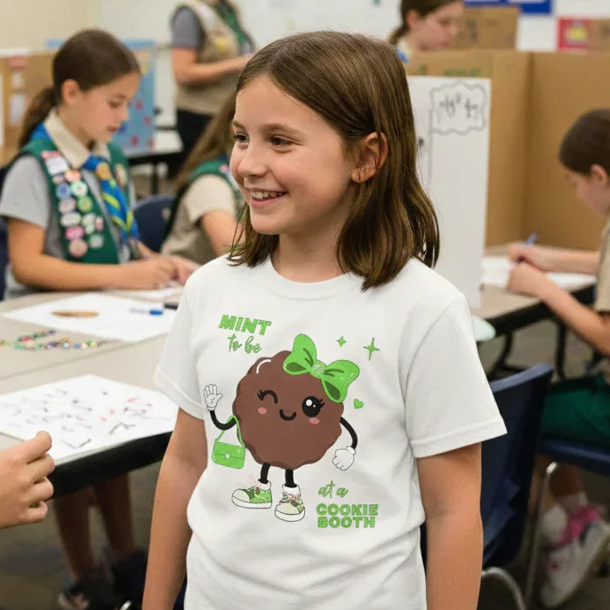 Girl wearing a t-shirt with a cookie booth design in a classroom setting