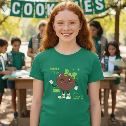 Girl wearing a green t-shirt with a cookie-themed design, standing outdoors with other children in the background.
