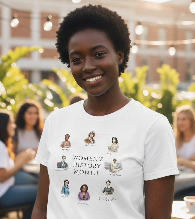 Woman wearing a 'Women's History Month' t-shirt with illustrated women in various professions outdoors.