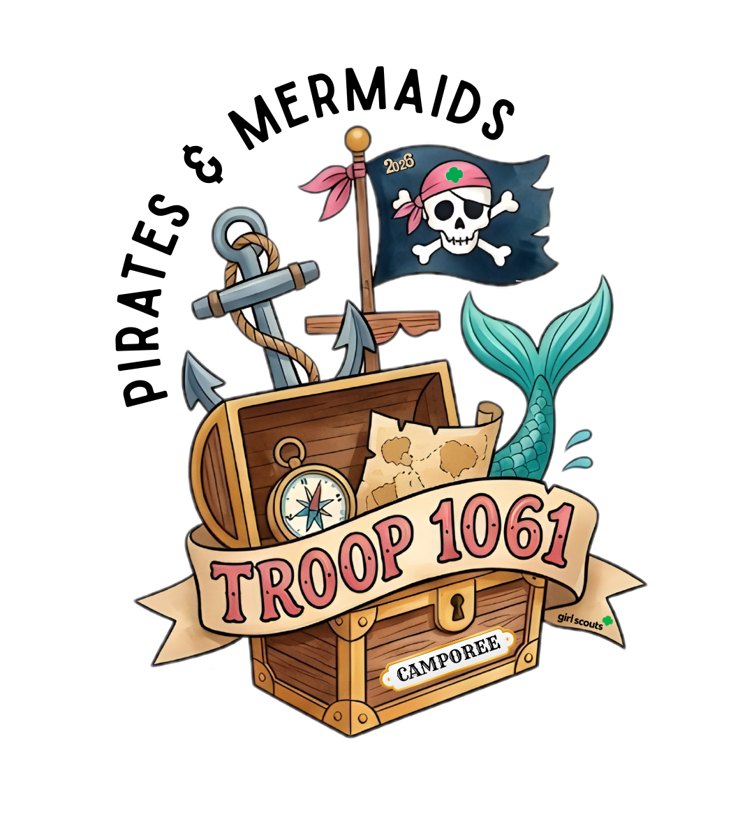Logo for Pirates & Mermaids Troop 1061 with a wooden chest, anchor, and mermaid tail on a white background.