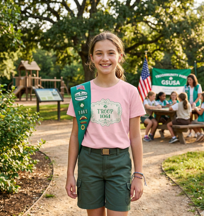 Girl with a merit badge and pink shirt standing outdoors with a playground and picnic area in the background.